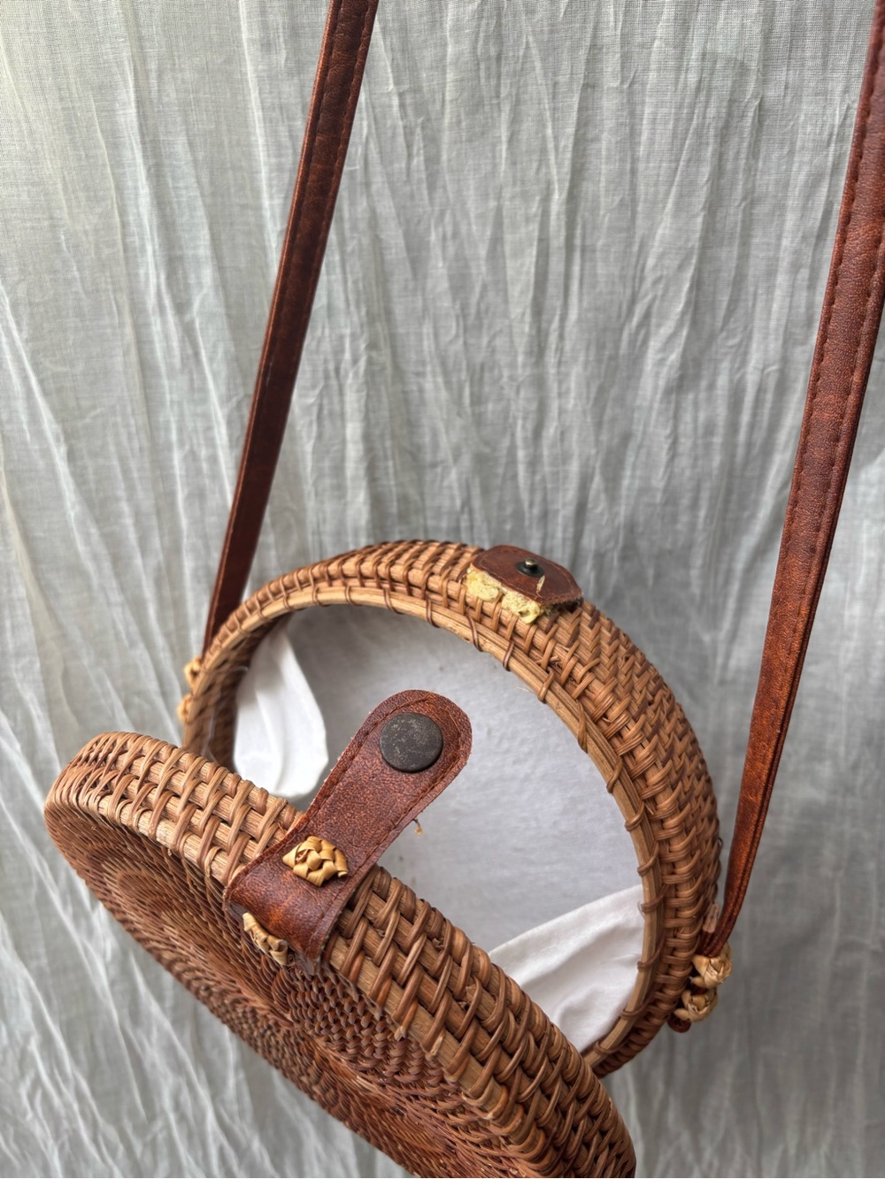 Round Rattan Crossbody Bag in Brown
